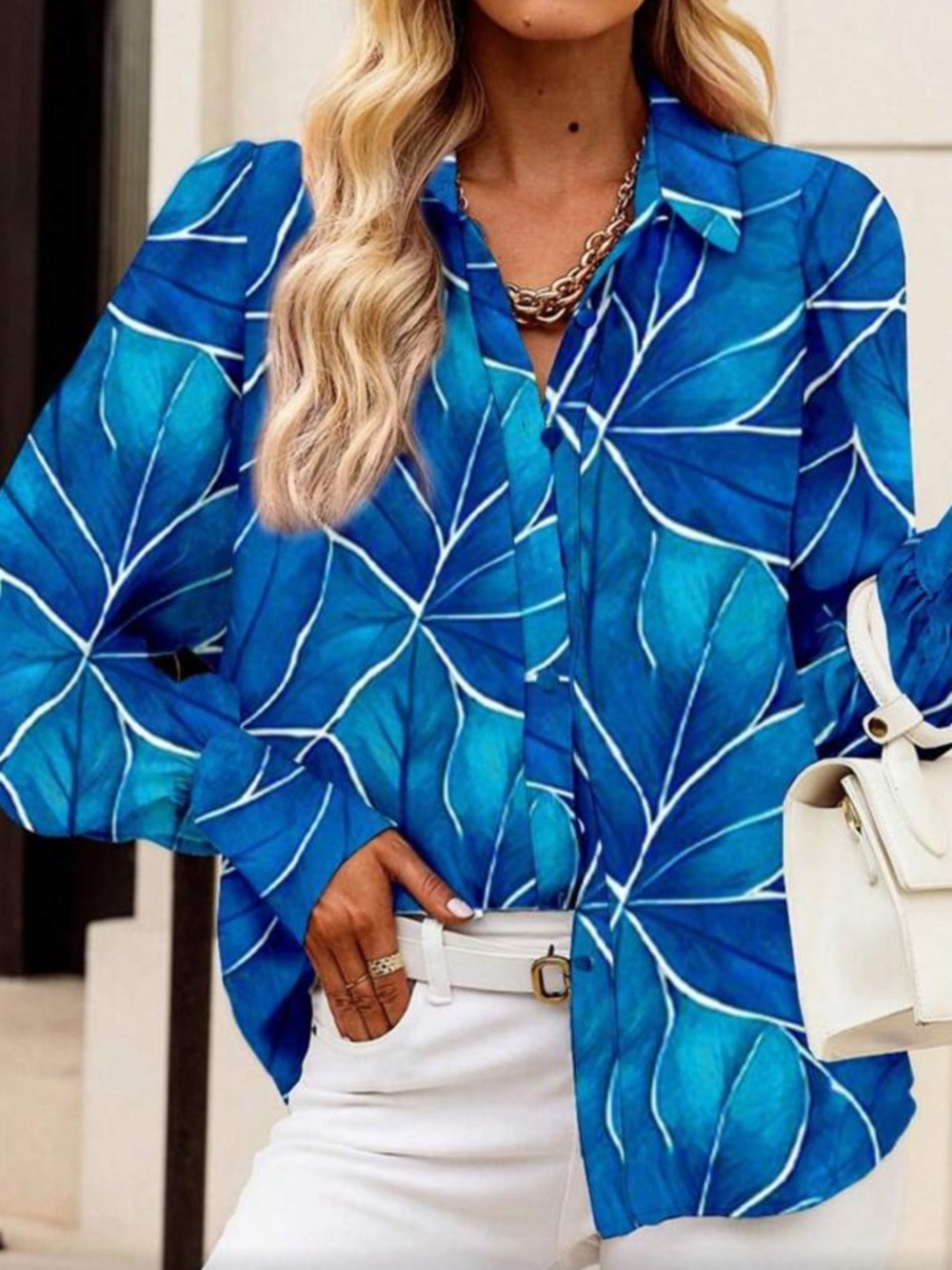 Boho Floral Print Blue Button Down Top